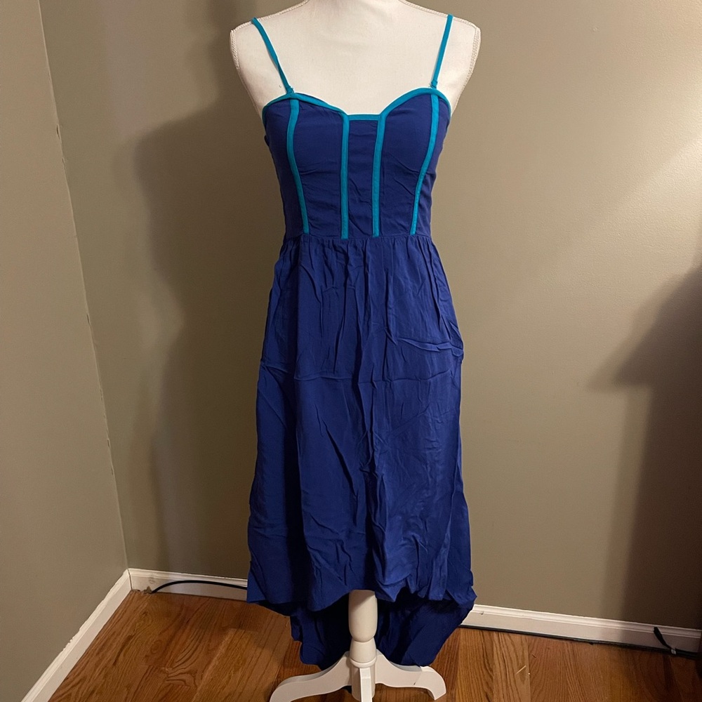 Chic Blue Strapless Dress with Teal Trim